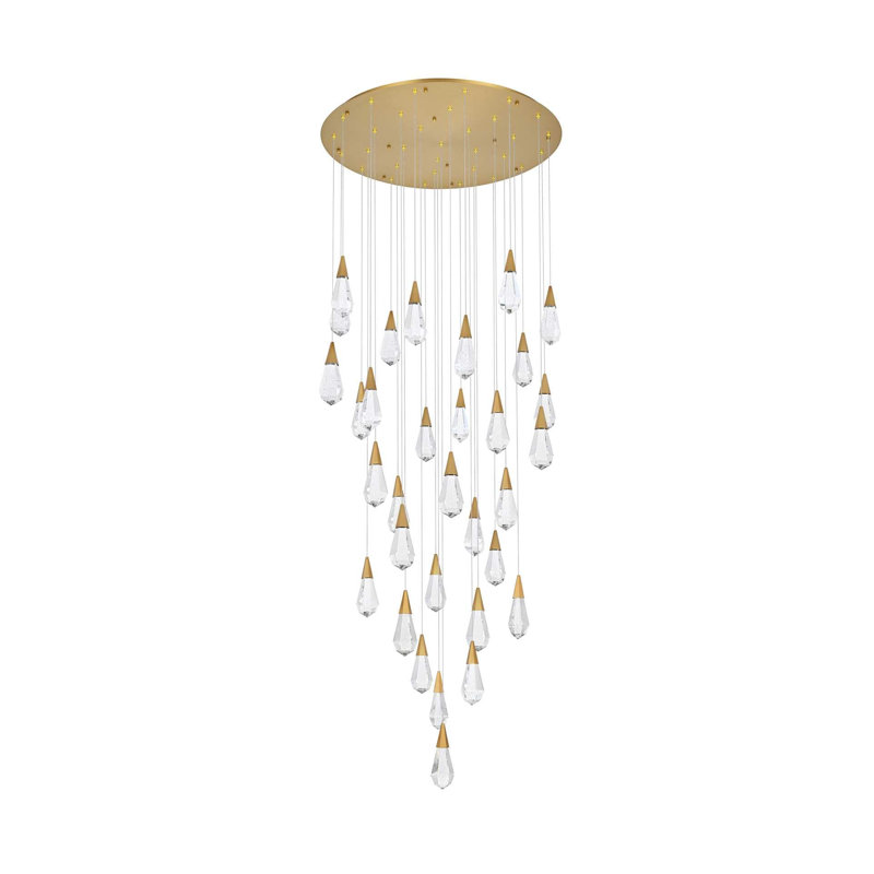 Lustre rond en cristal Belote de 42 po Belote, H 10 po x l 42 po x P 42 po, Or satiné, 32 lumières