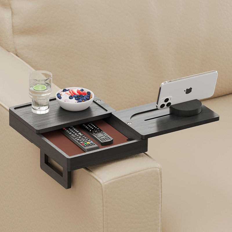 Plateau d'accoudoirs noir avec 2 plateaux rotatifs, table à pinces réglable avec boîte de rangement et support pour téléphone à 360 °, table d'accoudoirs en bambou pour les collations, les boissons ou les repas