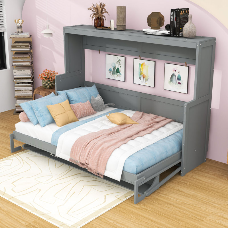 Lit escamotable mural avec bureau intégré Wakefield, Gris, Double