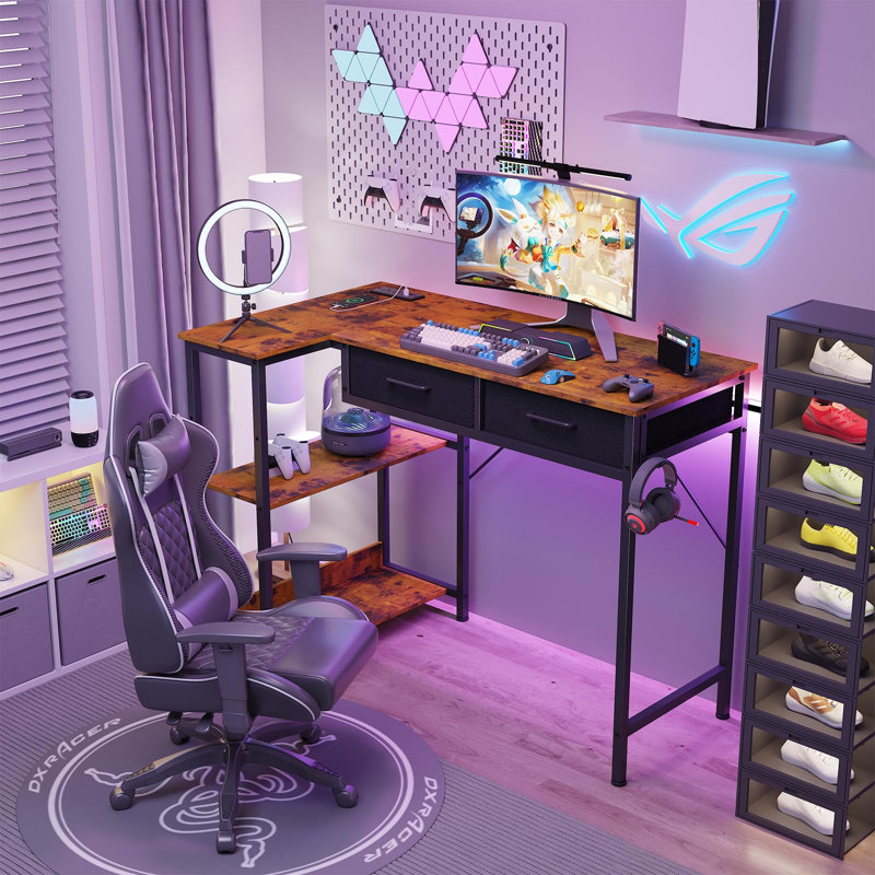40 Inch Gaming Desk with Power Outlet, l Shaped Computer Gaming Table with 3 Tiers Storage Shelves & 2 Drawers, Escritorio with Headphone Hook, Corner Gamer Desk for Small Spaces