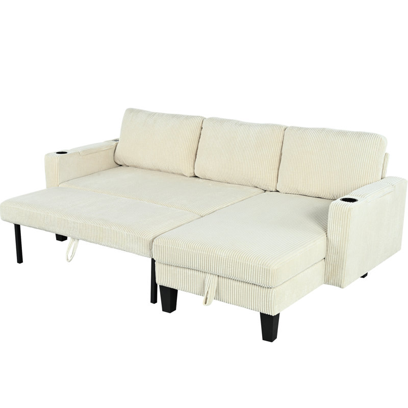 3 L-Shaped Reversible Corduroy Sectional Sleeper With Storage Chaise, Cup Holders On Arms, Ports, Ideal For Living Room, Bedroom, Office - Beige, 83.29 In Depth, 53.04 Width, 34.34 Height, 115.36 Lb