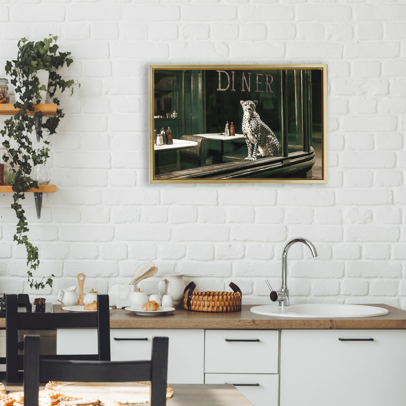 Cadre flottant Diner Sentry Leopard, design par Annabelle Hall, Cadre flottant métallique doré, H 17 po x l 25 po