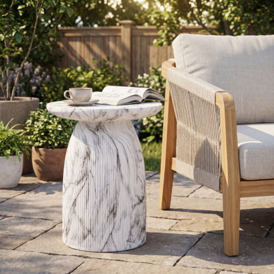 Afton Outdoor MGO Side Table with Handcrafted Marble-Effect Surface