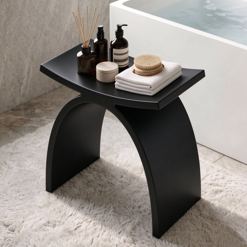 Solid Surface Shower Stool, Waterproof Stone Resin Bathroom Bench, Matte Black