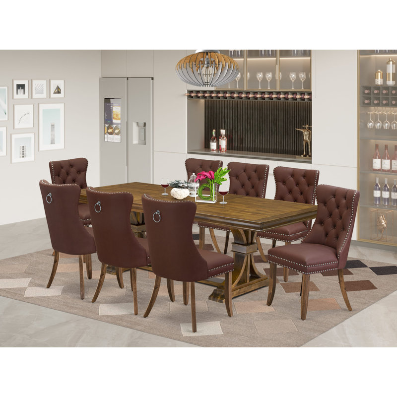 L'ensemble de table de cuisine 9 pièces comprend une table de salle à manger et 8 chaises de salle à manger en tissu de polyester bourgogne avec dossier capitonné - Finition noyer antique