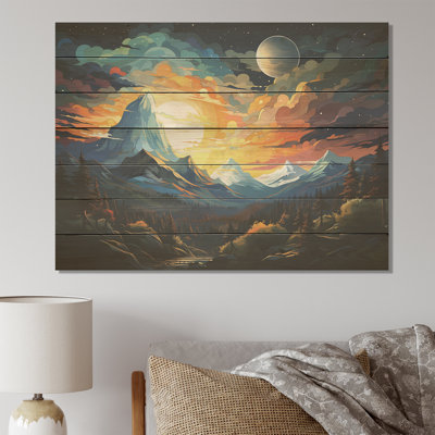 «Yellow Lakeside Mountain Sunset Wonderland I - Lake House», reproduction sur bois