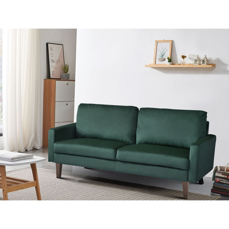Causeuse à accoudoirs carrés, Velours vert, H 35 po x l 60 po x P 33 po