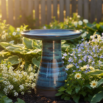 Leominster Freestanding Ceramic Outdoor Bird Bath with UV-Resistant Finish - Galaxy Blue