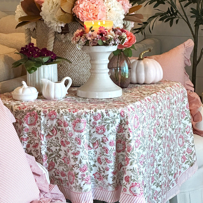 Round Tablecloth - Pink and Green Floral pattern, 90" Round