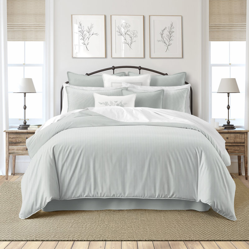 Ruben Stripe Reversible Cotton Duvet Cover Set, Cal.King Duvet Cover + 2 King Shams, Sage