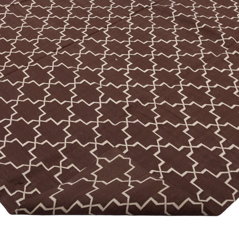 Brown Geometric Dhurrie Cotton Rug, Rectangle 8'10" x 11'10"