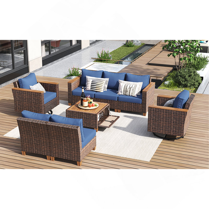 Ensemble de mobilier de jardin en résine tressée de 8 pièces avec fauteuils pivotants à bascule et table en acacia, bleu