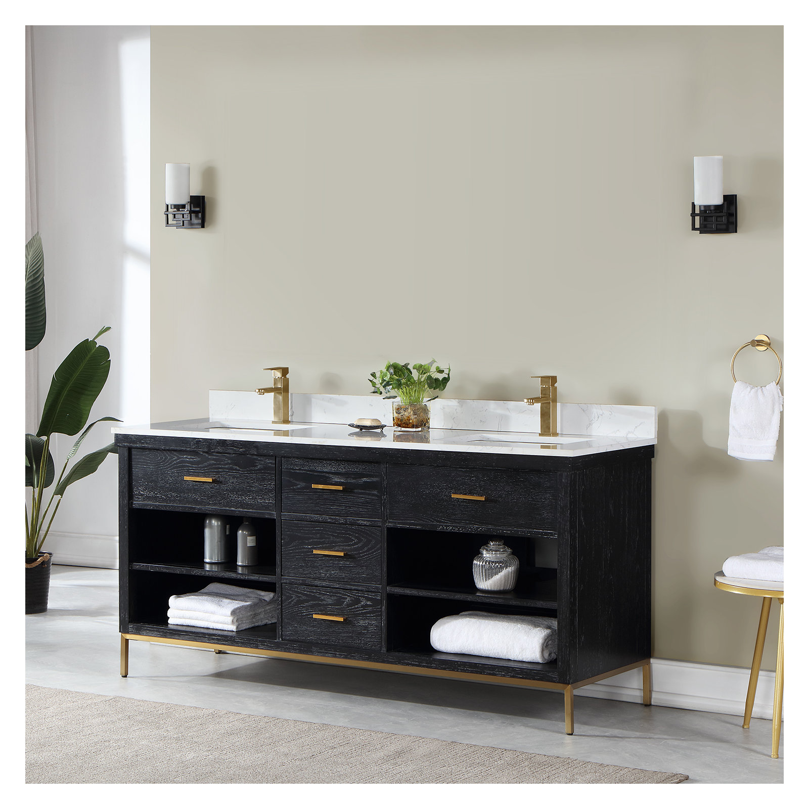 Adaire 72'' Double Bathroom Vanity, Black, Gold