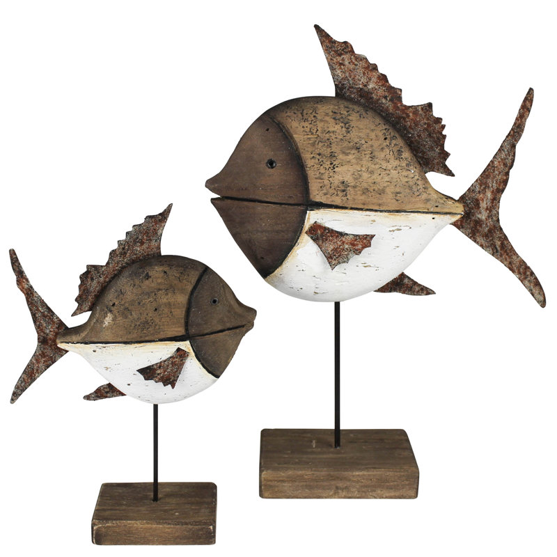 Fish, Wood, Set Of 2 Sm: 6X2.25X7, Lrg: 9X2.75X11