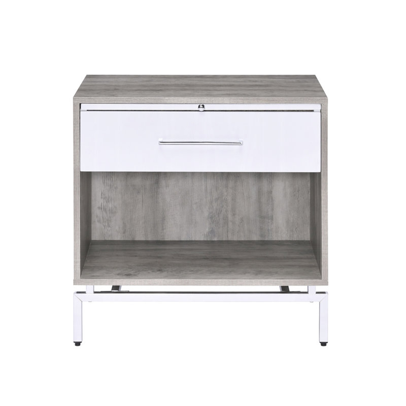 Table de chevet moderne avec tablette ouverte et 1 tiroir, chêne blanc gris