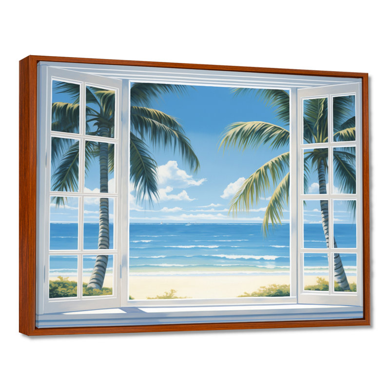 Vue sur l'océan par une fenêtre blanche ouverte I - art sur toile côtier, H 34 po x l 44 po, Cadre flottant brun