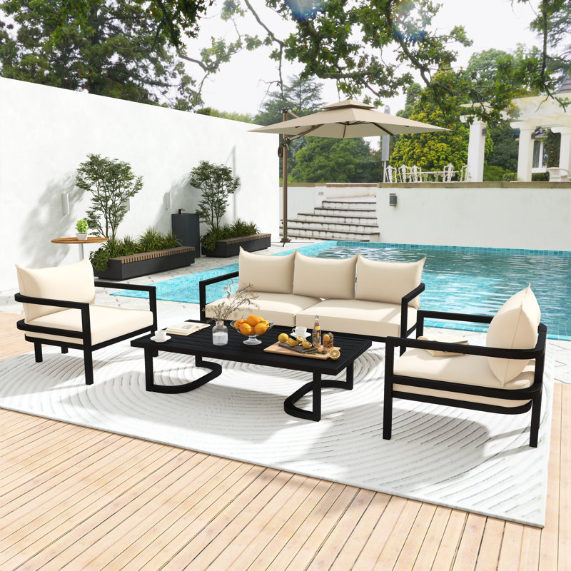 Ensemble de conversation modulaire d'extérieur 4 pièces avec coussins beiges et table basse 4 pièces, Beige