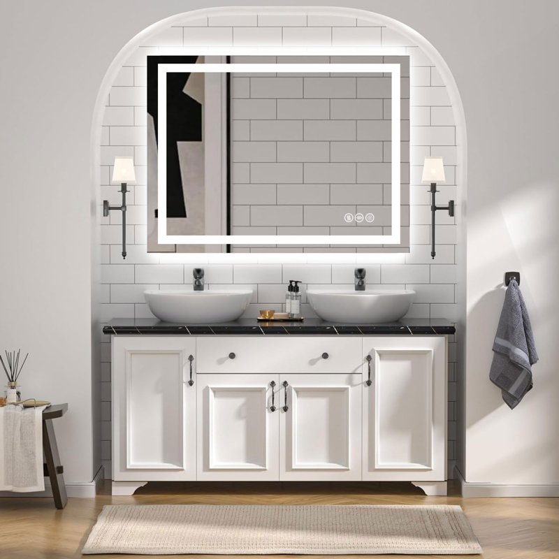 Miroir de salle de bain 3 lumières à DEL anti-buée avec rétroéclairage et éclairage frontal, miroir de meuble-lavabo en verre trempé, conforme Rohs et CRU