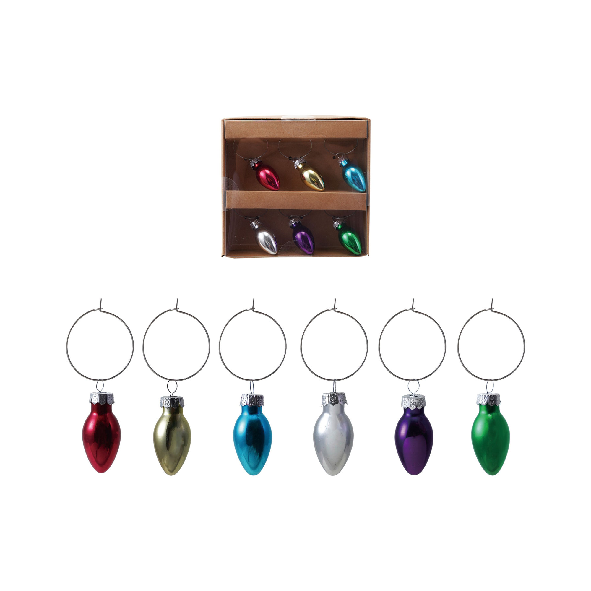 6-Piece Blown Glass Christmas Tree Light Bulb Wine Charm