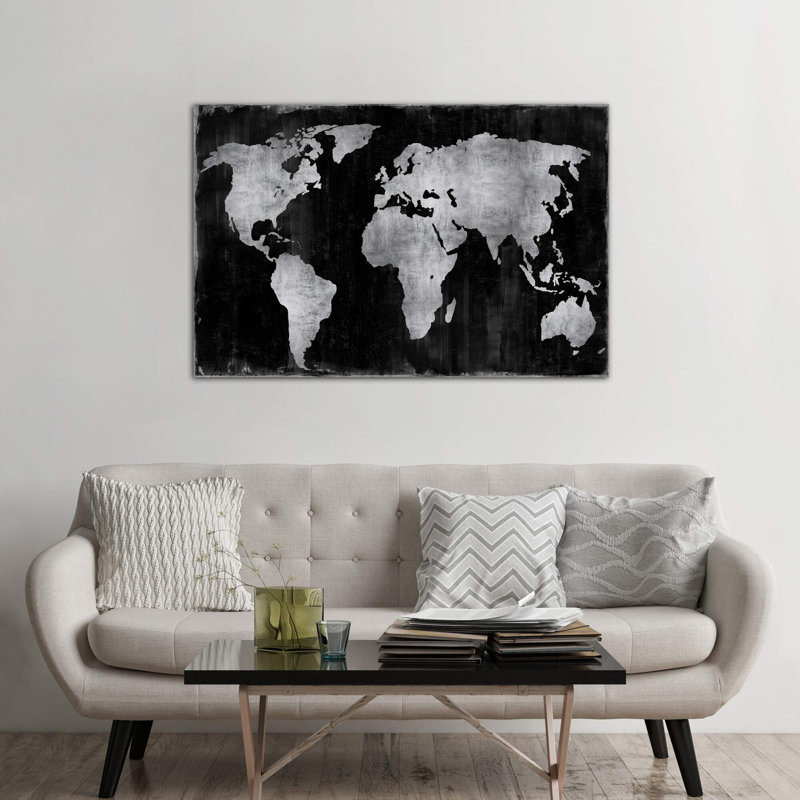 The World - Silver on Black 1 Piece Wrapped Canvas Wall Art, 101.6 cm H x 66.04 cm W x 3.175 cm D