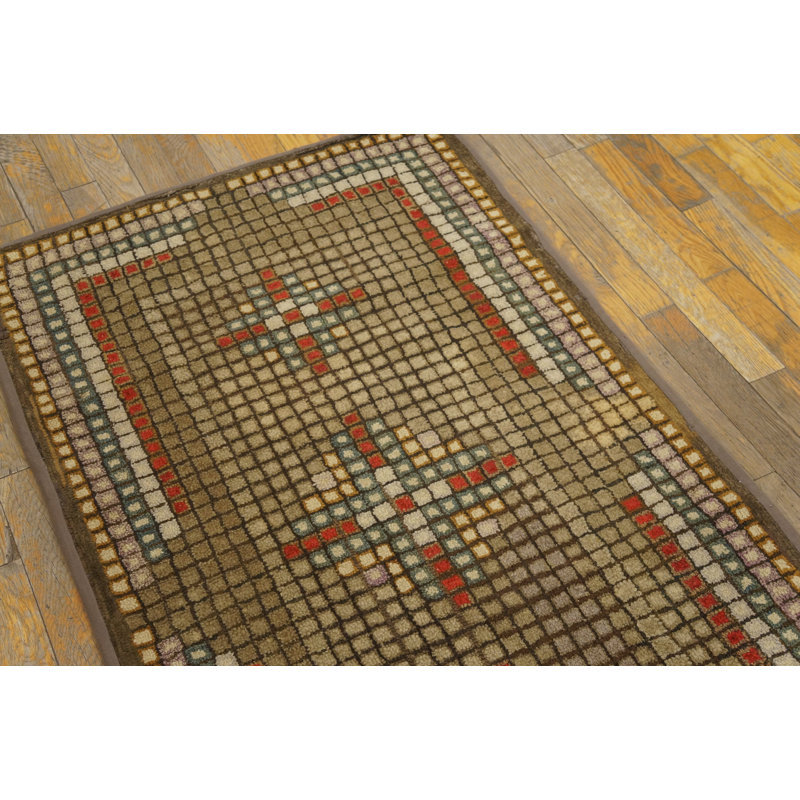 Antique American Tiled Squares Cross Pattern Hooked Rug
