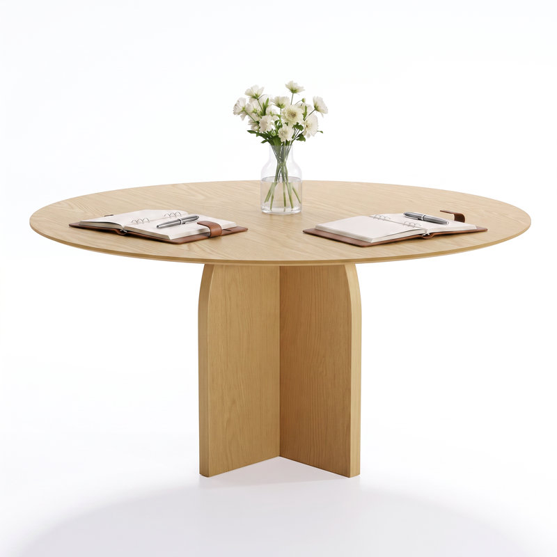 Table de conférence ronde moderne sur piédestal avec base arquée, table de réunion architecturale pour bureau, Chêne