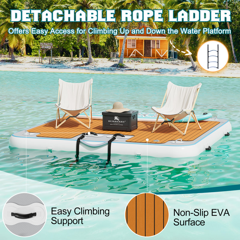 AMERLIFE Inflatable Floating Dock, Non-Slip EVA Air Dock Platform Floating Island Raft with Rope Ladder and Water Zone for Pool Lake Beach Ocean (7*7FT)