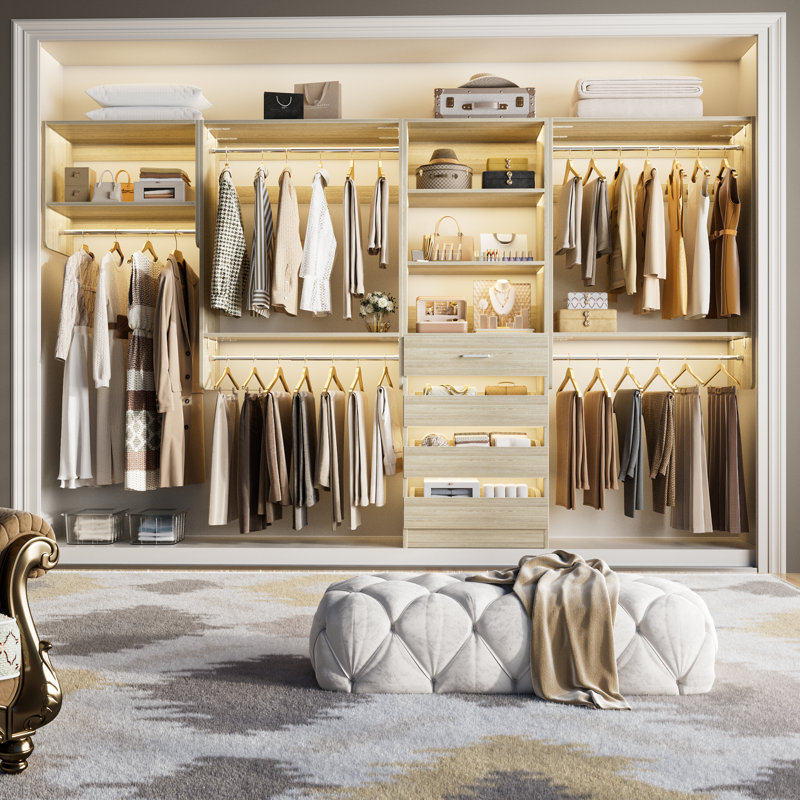 115.7" W Walk In Closet System with 6 Drawers and Shelves, Washed Oak