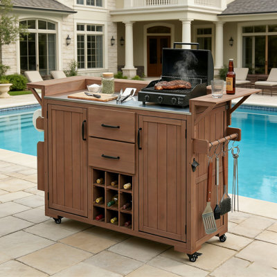 Modern 60.2''W Wood Outdoor Patio Bar Cart with Wheels, Rolling Patio BBQ Kitchen Cart with Stainless Steel Top