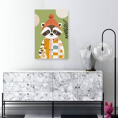 Cozy Raccoon Portrait Playful Whimsical Abstract Animal Autumn Wall Art Print by Mathieu - Wrapped Canvas Print