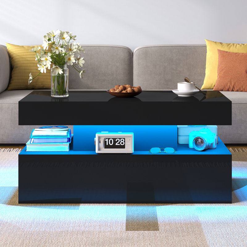 Coffee Table With Led Light, Modern High Gloss Finish Center Table With 2-tier Storage Space, Minimalist Coffee Table For Living Room, Office