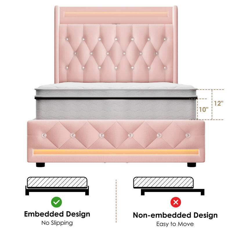 Upholstered Storage Kids Bed With LED Lights And 4 Drawers