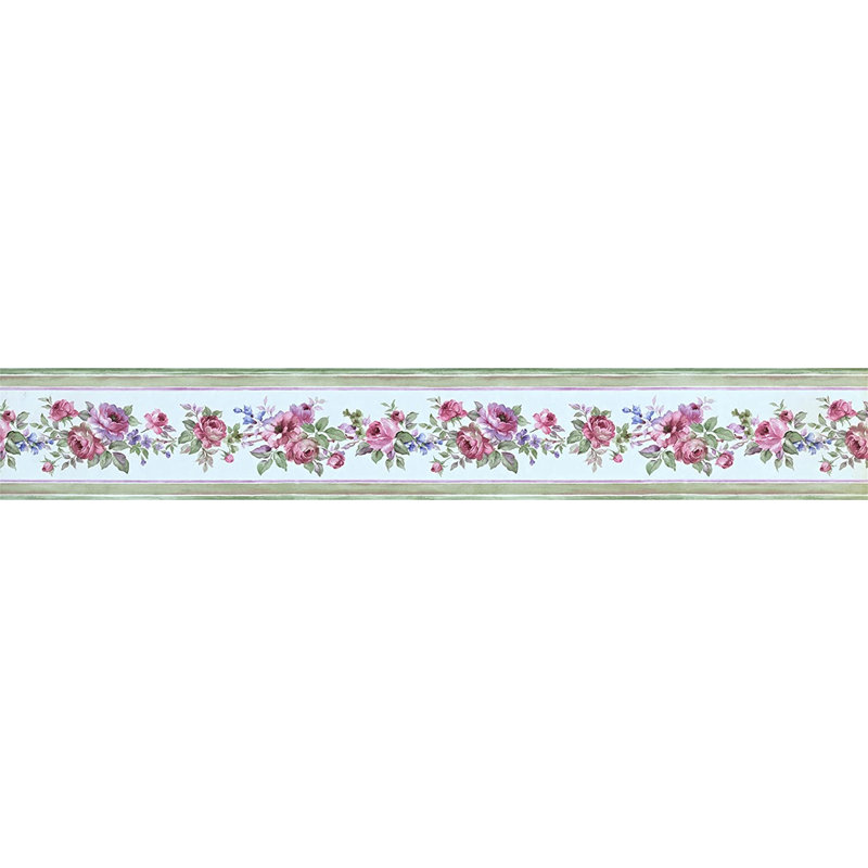 Bordure de papier peint L 15 pi x l 3,5 po Flowers Leaves, Blanc / pastel / rose