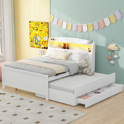 Lit plateforme de taille blanche avec rangement, tête de lit à DEL et lit gigogne simple, 3 tiroirs en bois massif robuste et rangement de rangement pour chambre à coucher, tête de lit et lit gigogne