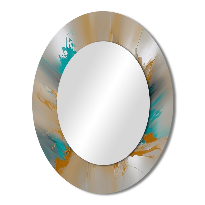 Marbre jaune et turquoise Fuild Ink - miroir mural ovale moderne jaune, 43 po x 33 po
