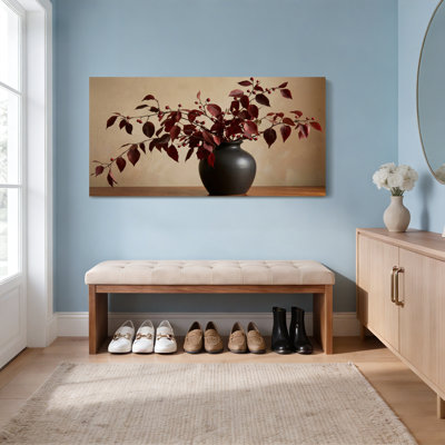 Red Leaves And Berries In Black Vase Canvas Wrapped Wall Art Oil Painting Print Set Of 1