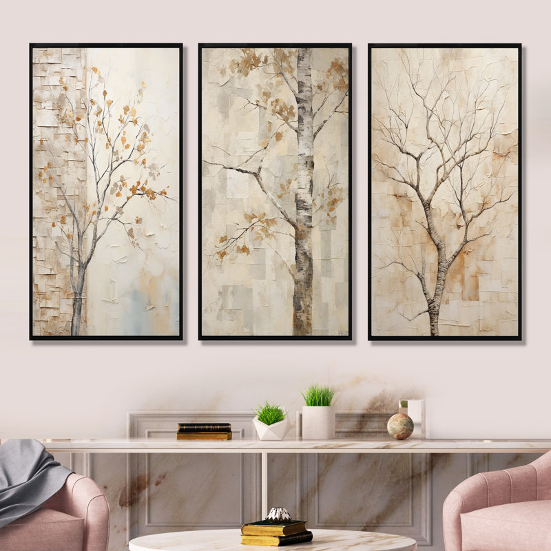 Minimalisme sycomore beige arbre solitude - ensemble de 3 décorations murales sycomore, Cadre flottant noir