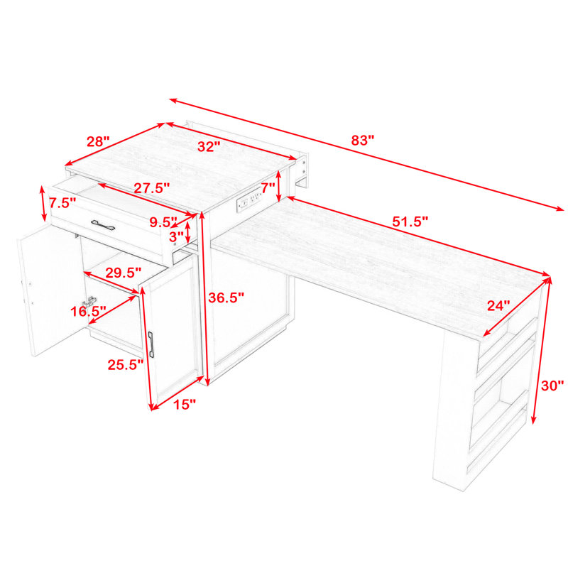 Ensemble d'îlot de cuisine 83 "avec table de salle à manger extensible Dionigio, prises de courant et armoire de rangement