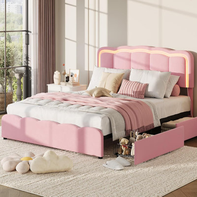Queen LED Bed Frame, Kids Platform Bed with 2 Large Storage Drawers, Velvet Upholstered Princess Bed for Girls & Boys, Wooden Slats Support, No Box Spring Needed, Easy Assembly, Pink