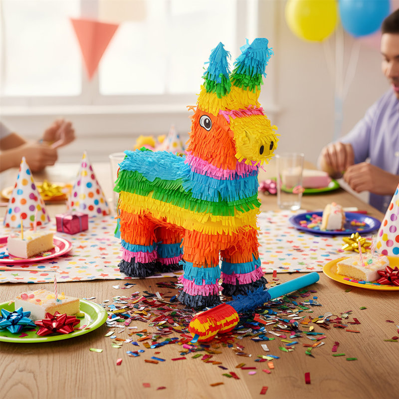 Fax Potato - Pinatas Donkey Cardboard Pinata, Stick and Blindfold Set - W40cm x D13cm x H55cm - Multi