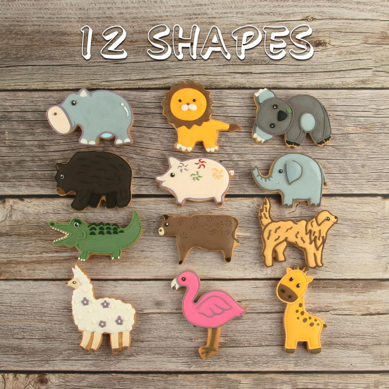 Ensemble de 12 emporte-pièces animaux (lion, girafe, panda, éléphant, flamant rose) avec boîte-cadeau