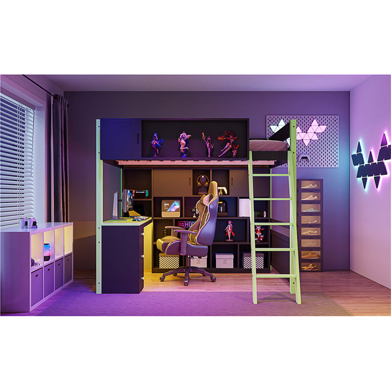 Lit mezzanine en bois avec bureau, Vert
