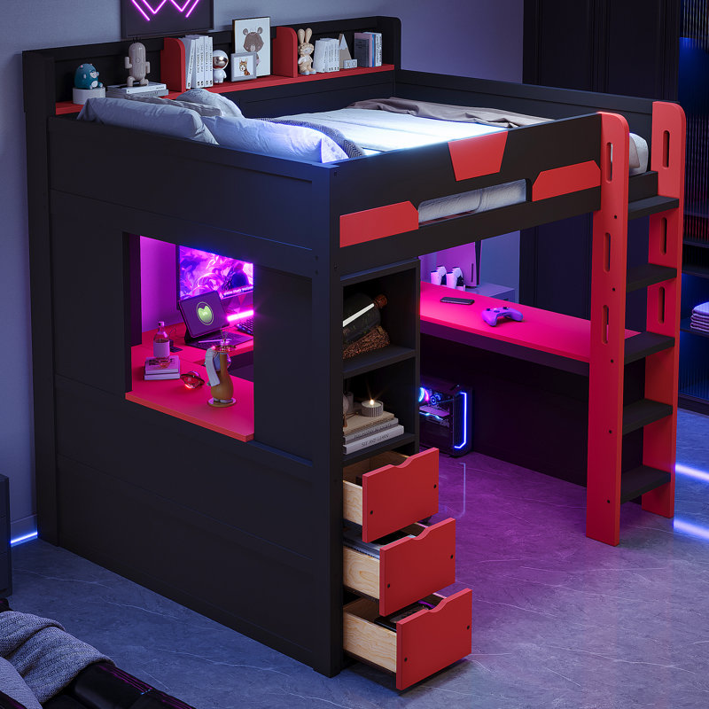 Lit moderne avec rangement, bureau de lit mezzanine en bois pour jouer à la maison