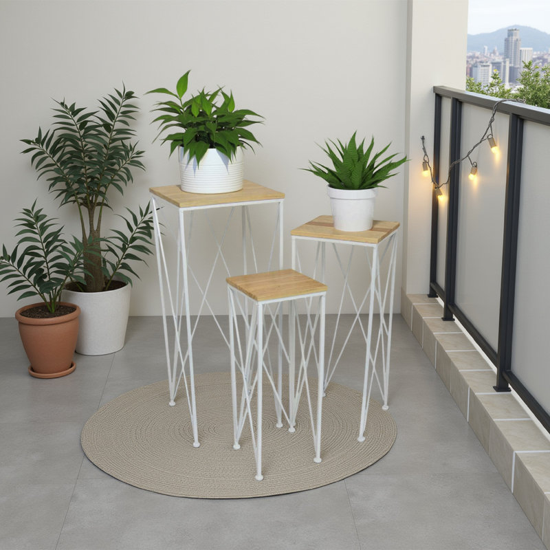 3Pc Nesting Plant Stand Table Set, Brown Wood, Open White Metal Base