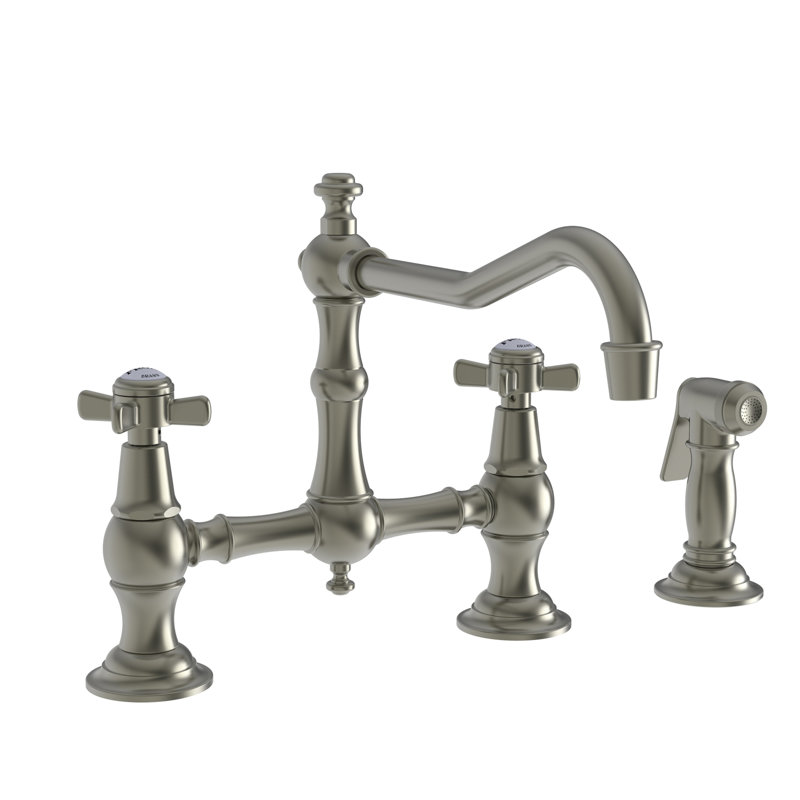 Chesterfield Kitchen Bridge Faucet with Side Spray, Polished Chrome, Cross