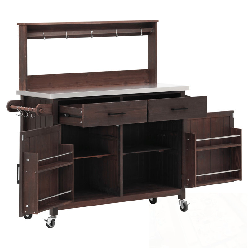Îlot de cuisine extérieur avec tablette haute, plateau en acier inoxydable et armoire de rangement, Brun
