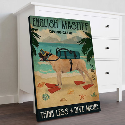 English Mastiff Diving Club Gallery Wrapped Canvas - Pet Illustration Decor, Brown And Blue Home Decor