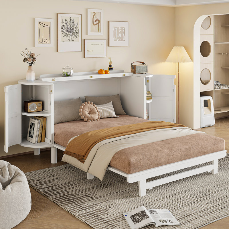 Grand lit escamotable avec rangement dissimulé et motif tissé moderne, blanc, Blanc, Grand lit
