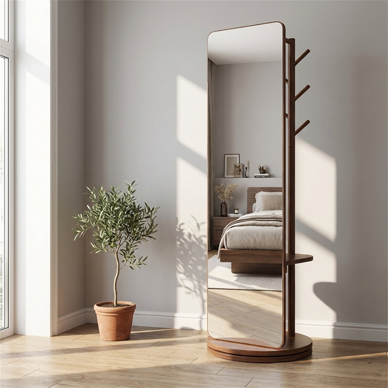 70-inch Full-length Mirror With A Swivel Mirror And Stand; Solid Wood Floor-standing Mirror With A Coat Rack, Suitable For Bedrooms, Living Rooms, And Walk-in Closets 