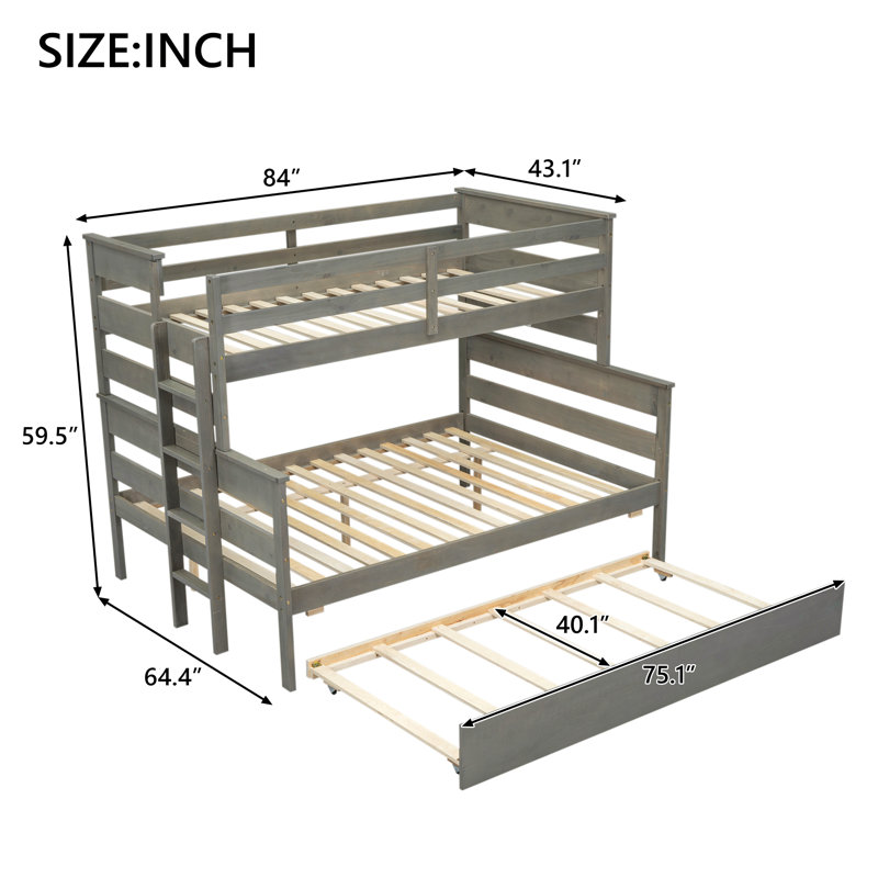 Lit superposé en bois avec lit gigogne simple, Gris